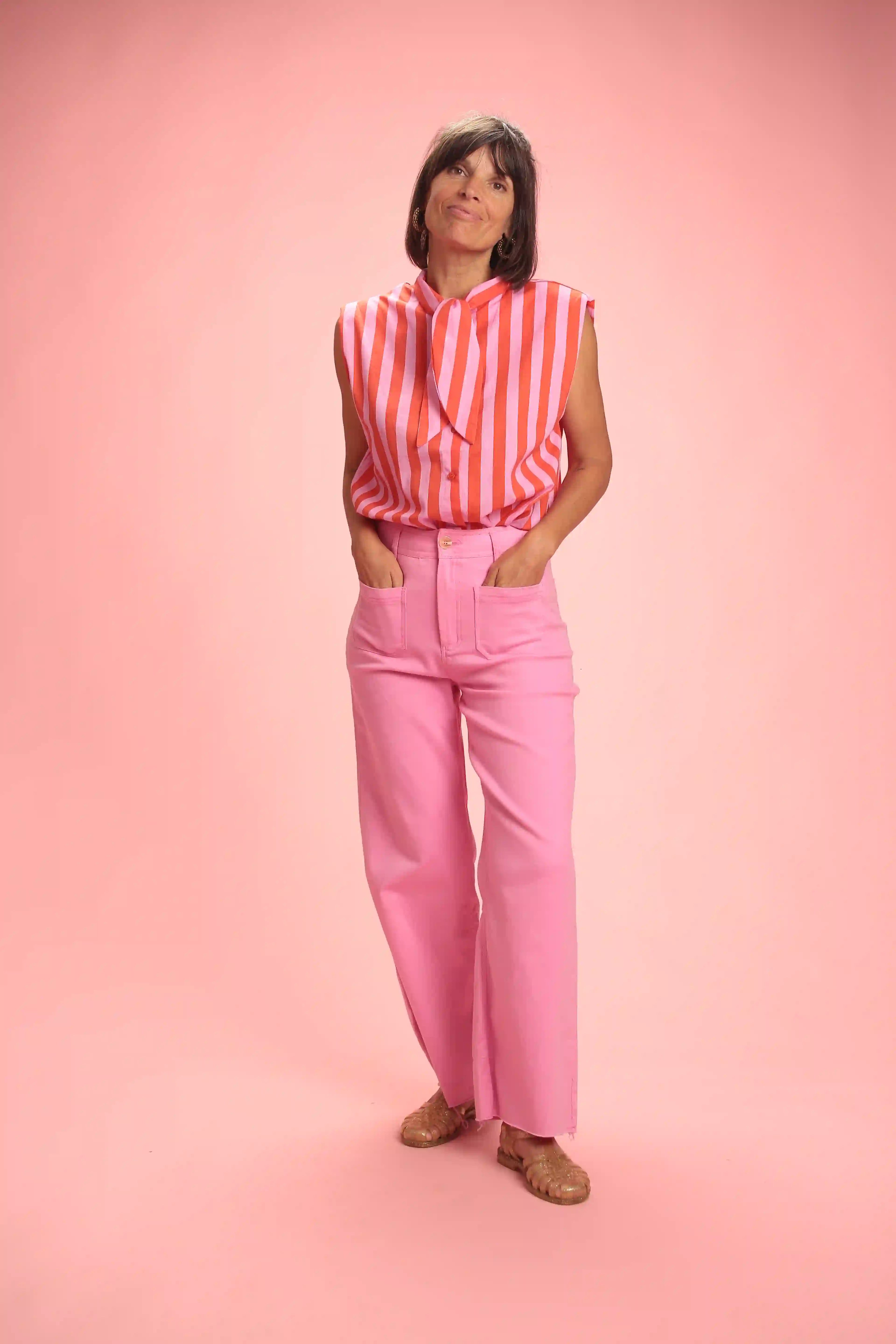 Chemise Gulf sans manche rayée rose/rouge