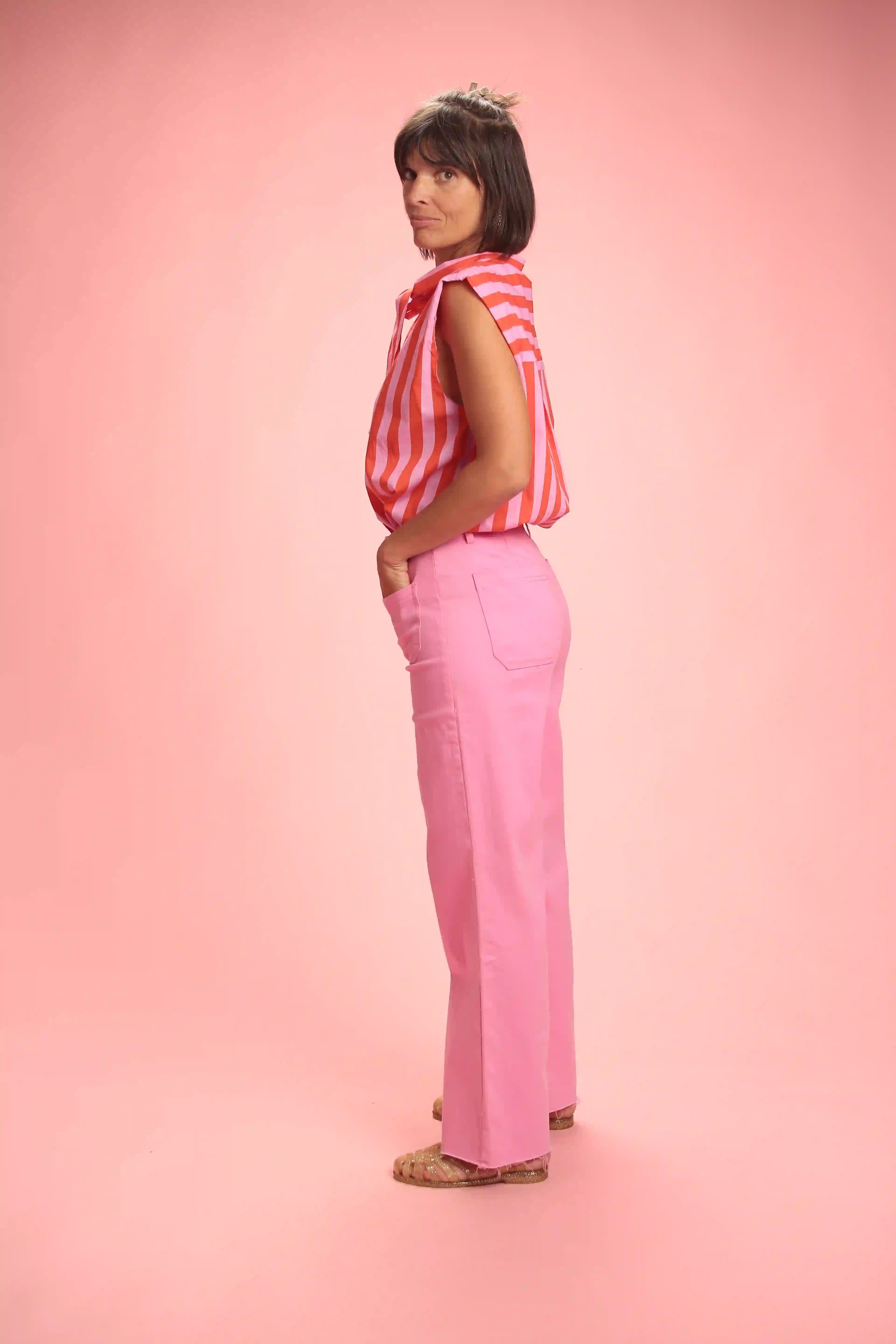 Chemise Gulf sans manche rayée rose/rouge