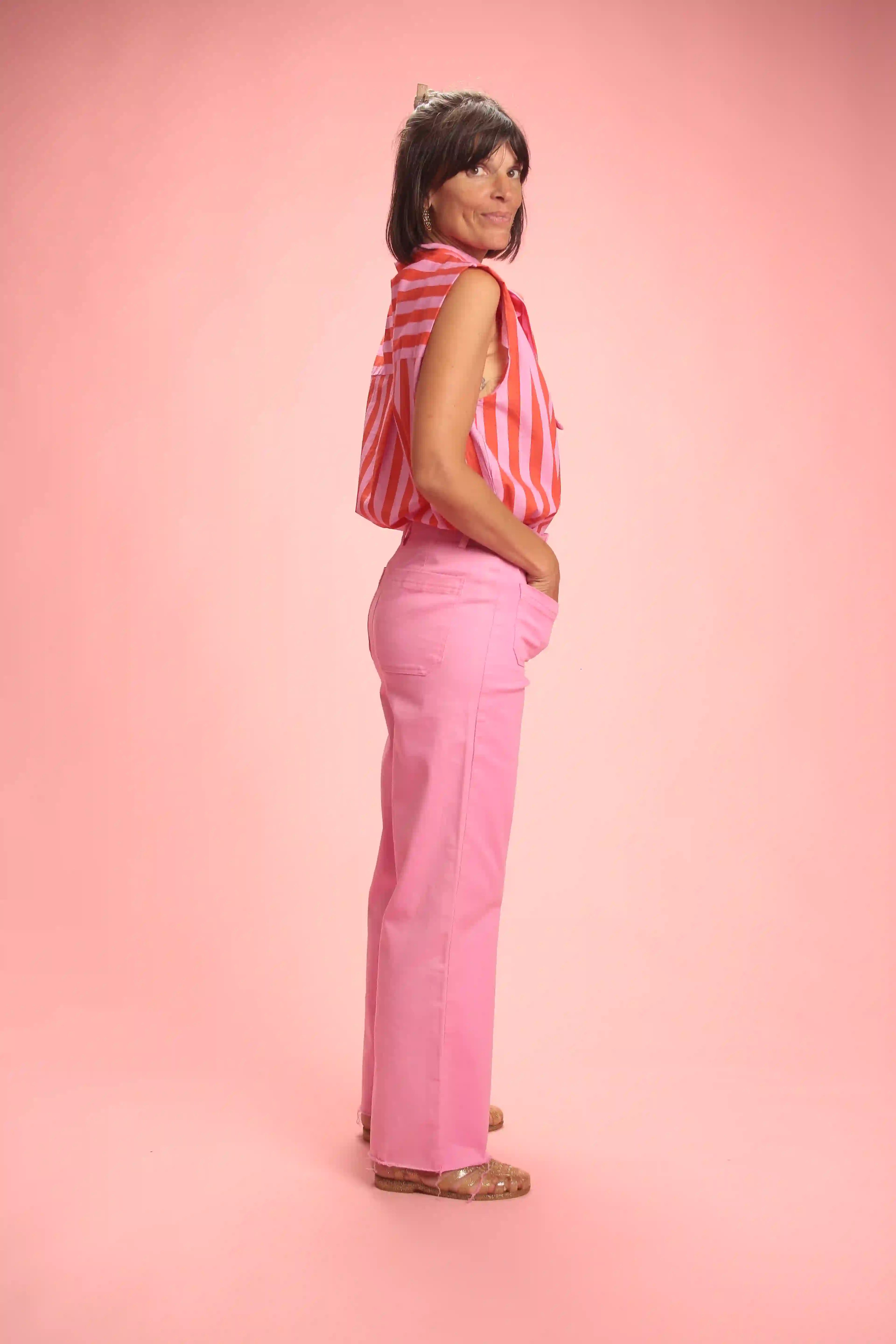 Chemise Gulf sans manche rayée rose/rouge