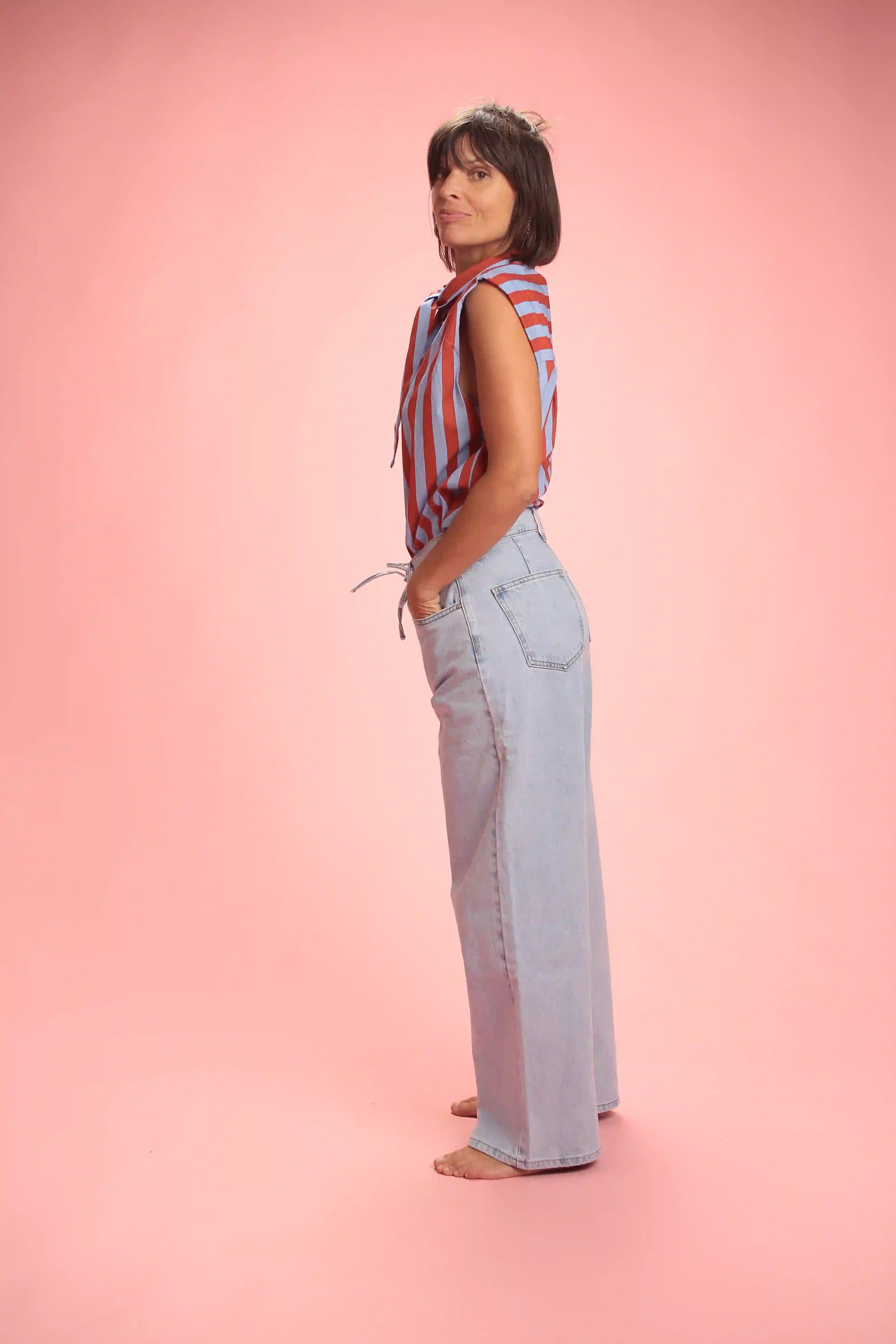 Chemise Gulf sans manche rayée bleu/rouge