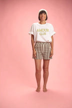 Short Hana Coton Rayée kaki/blanc