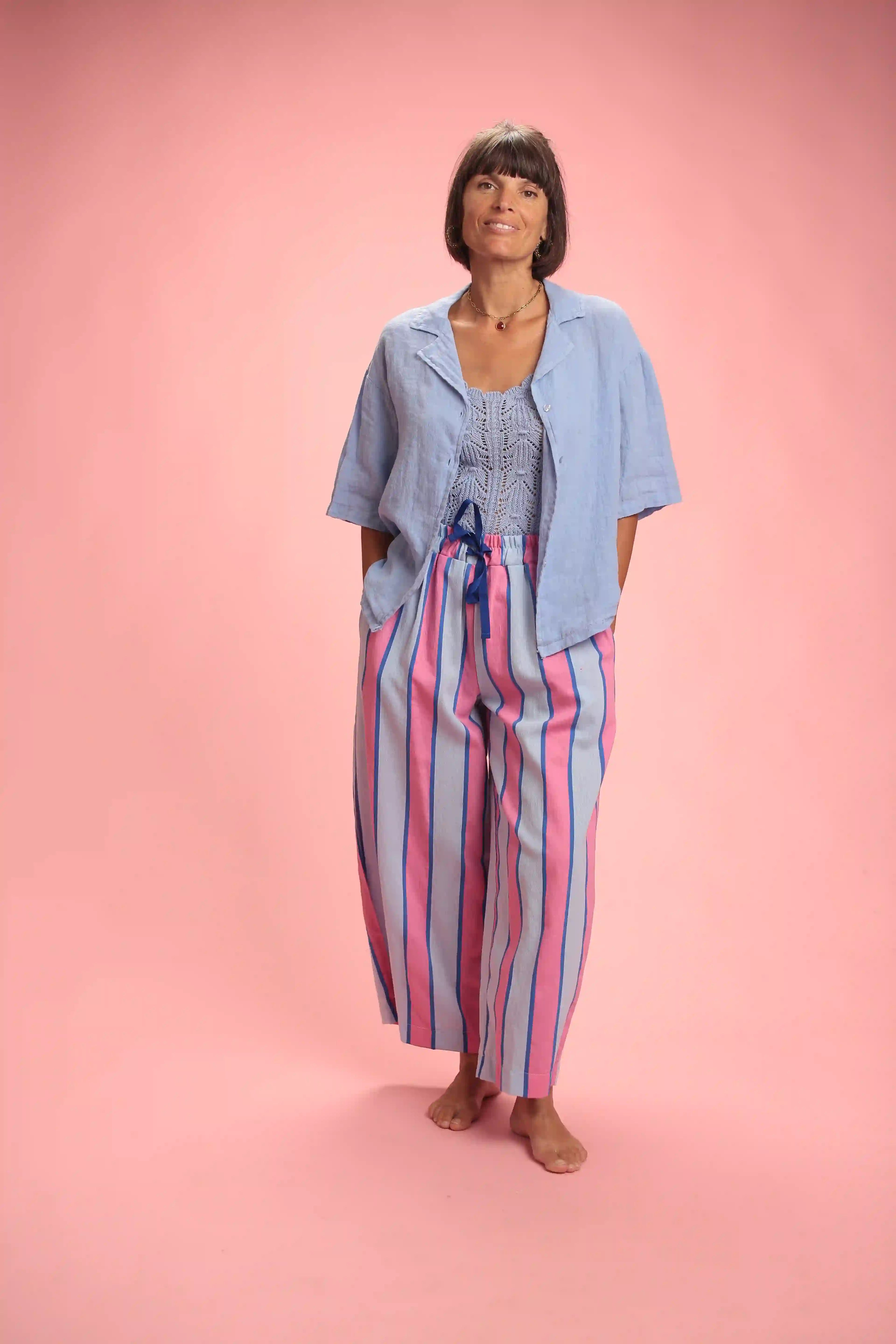 Pantalon Betty rayé rose/bleu