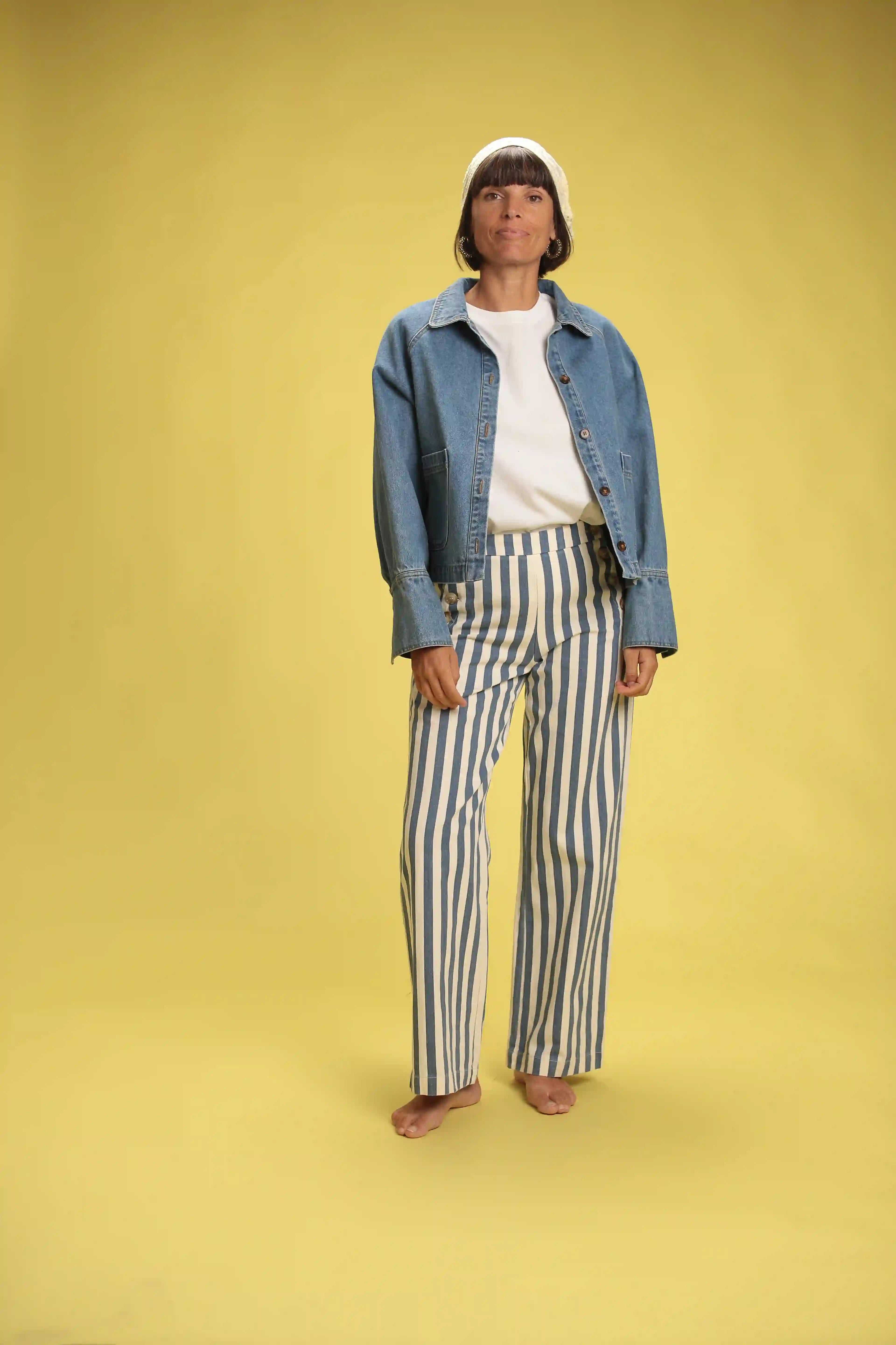 Pantalon Hana Coton Rayée Beige/Jeans