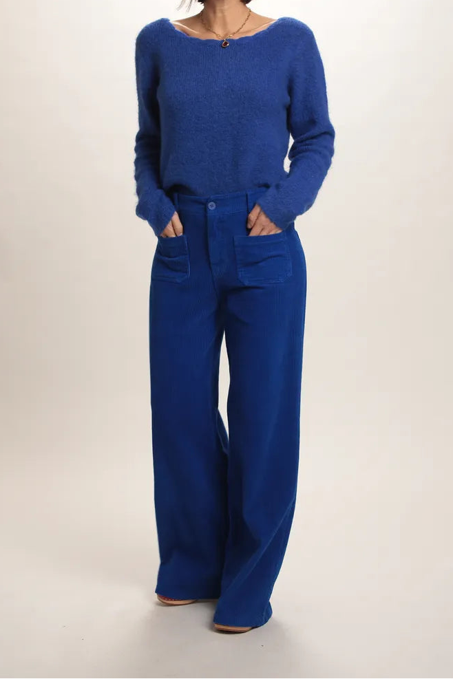 Pull Marion dos en V Bleu royal