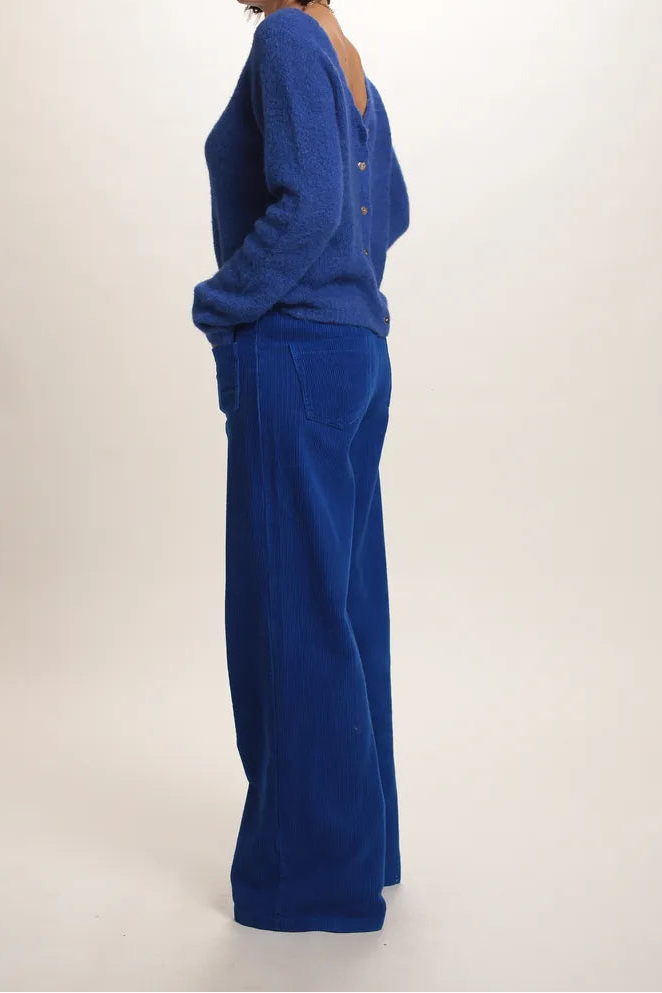 Pull Marion dos en V Bleu royal