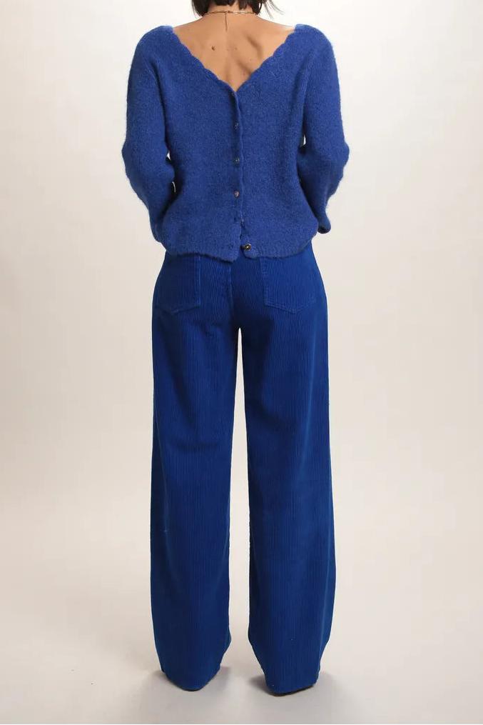 Pull Marion dos en V Bleu royal