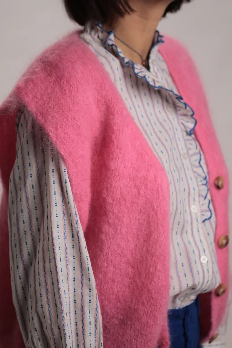 Gilet Aristide à bouton mohair rose