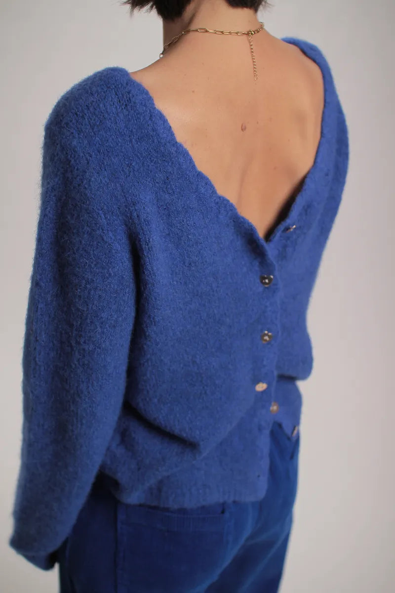 Pull Marion dos en V Bleu royal