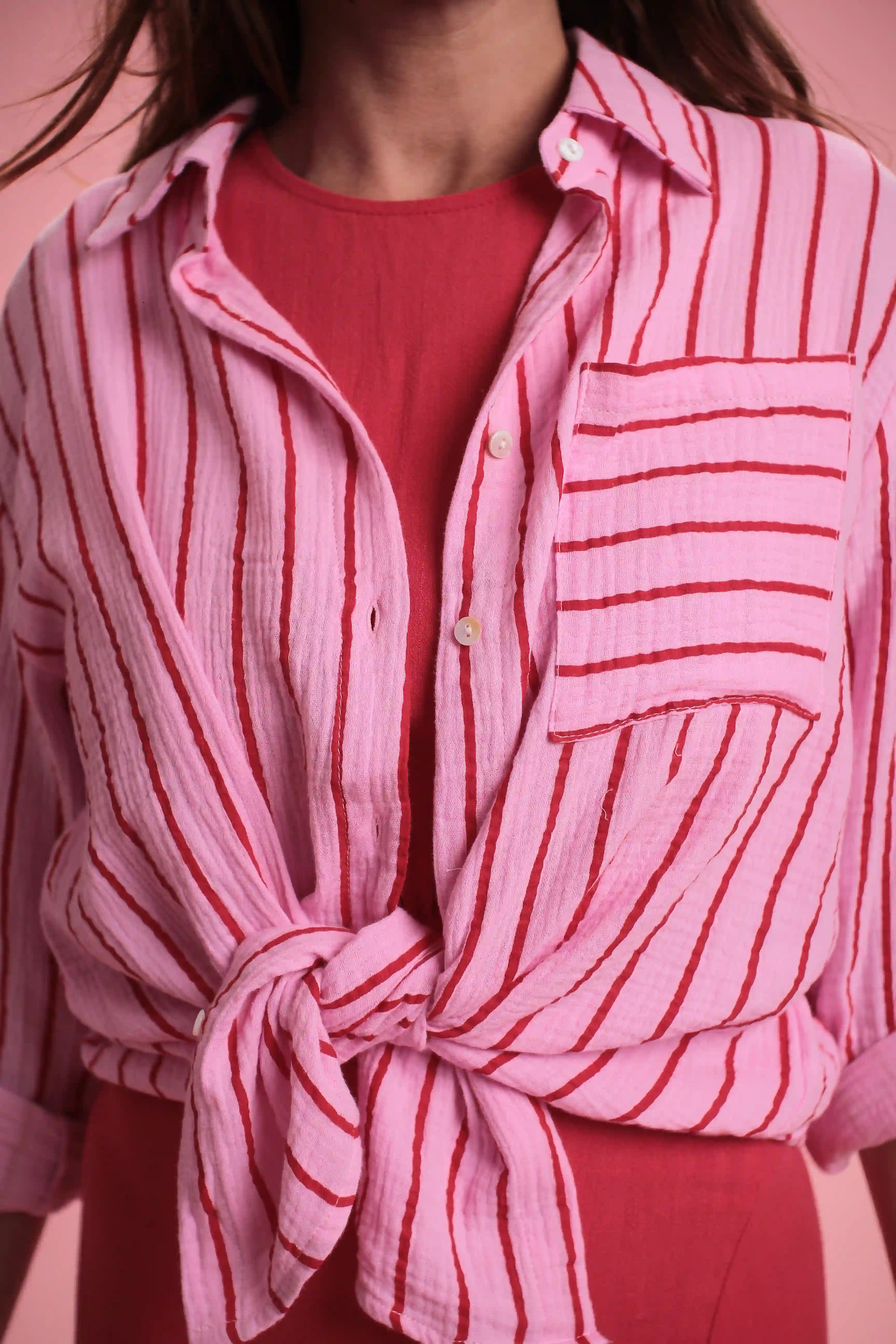 Chemise Gas manches longues coton rayée rose/rouge