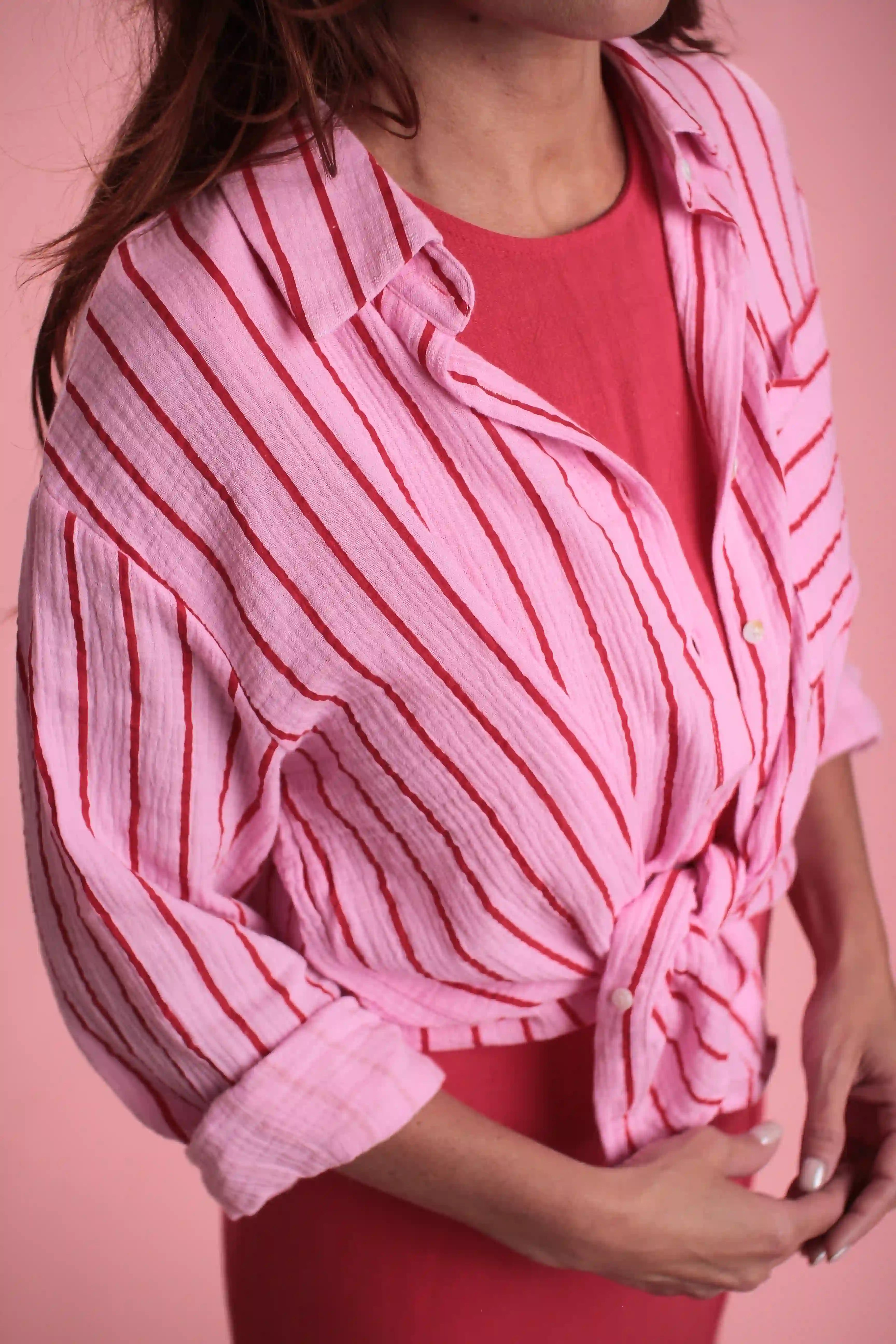Chemise Gas manches longues coton rayée rose/rouge