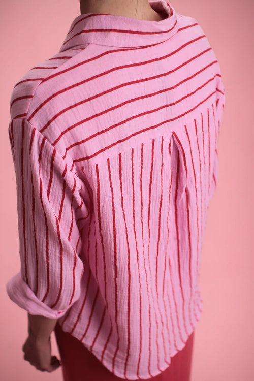 Chemise Gas manches longues coton rayée rose/rouge