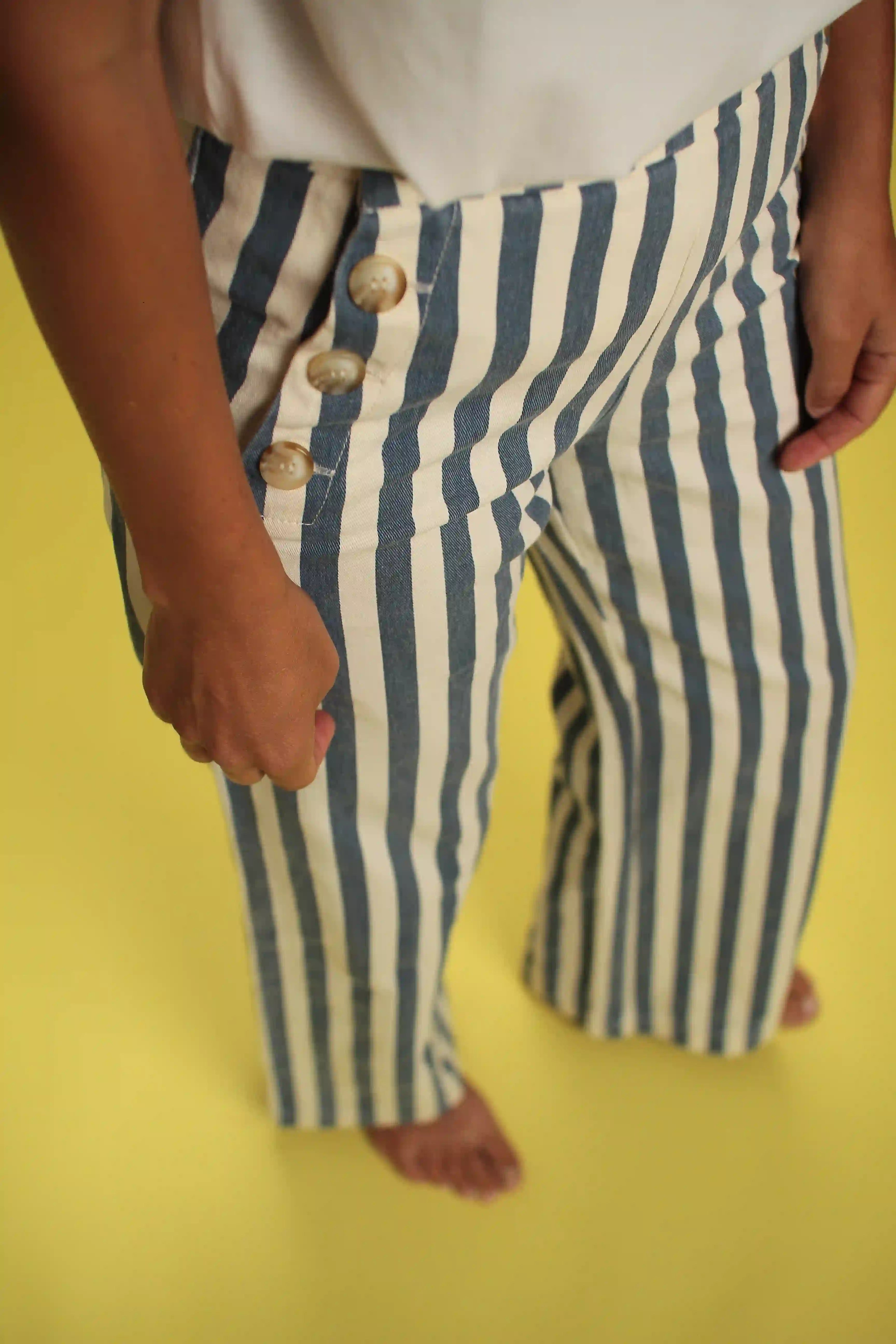 Pantalon Hana Coton Rayée Beige/Jeans